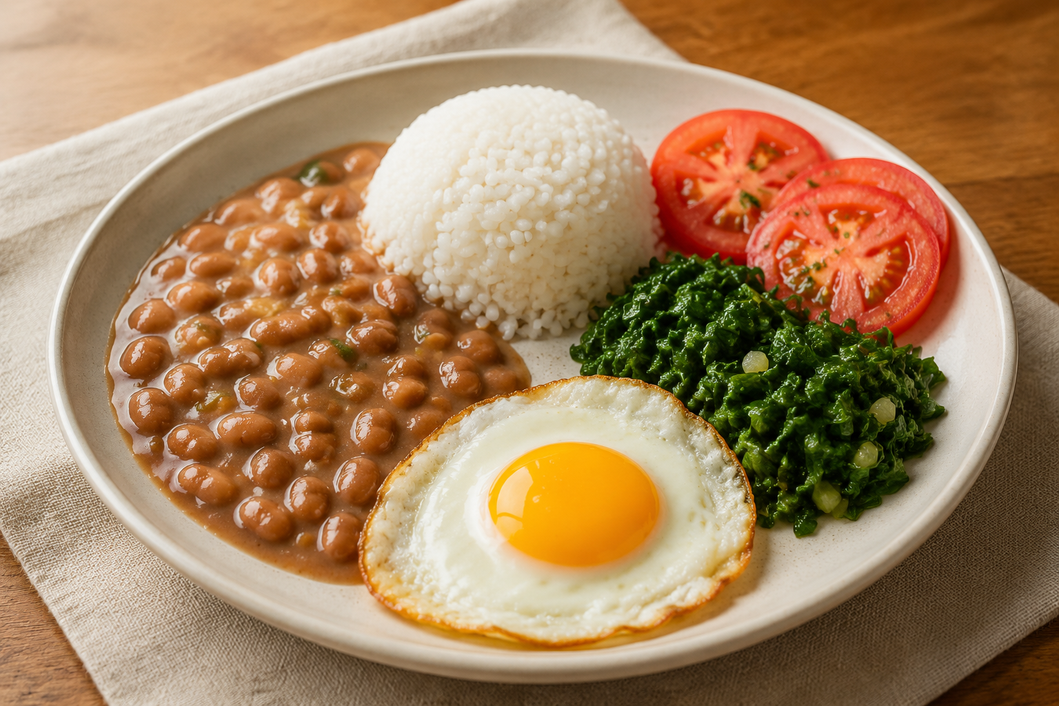 Prato equilibrado com arroz, feijão, ovo e vegetais