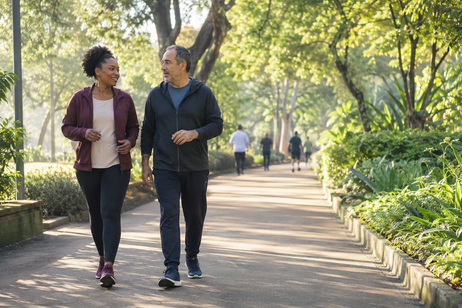 Dois amigos adultos caminhando e conversando em um parque
