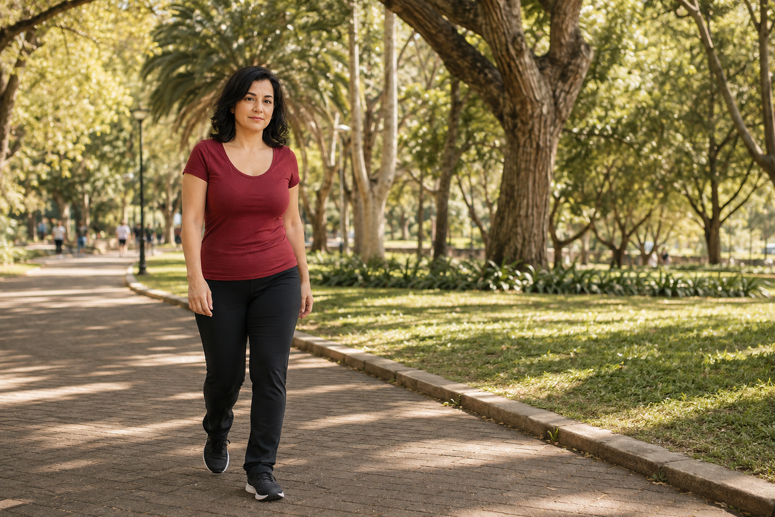 Mulher caminhando ao ar livre em uma rotina de vida ativa