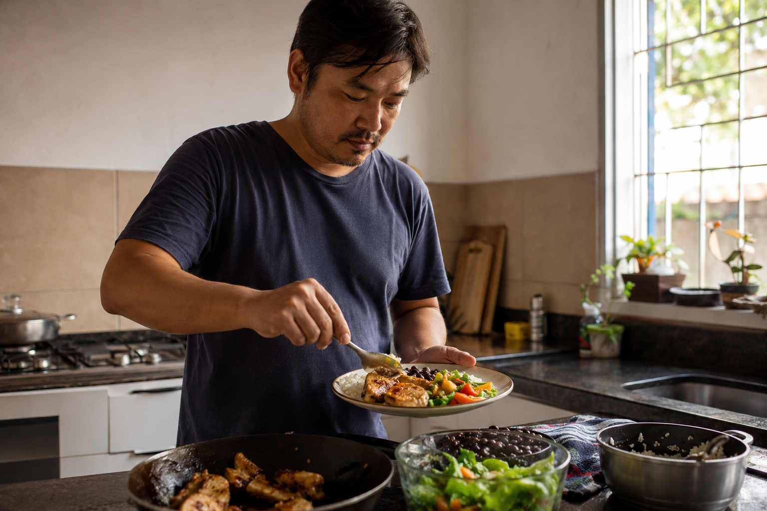 Homem adulto preparando uma refeição caseira